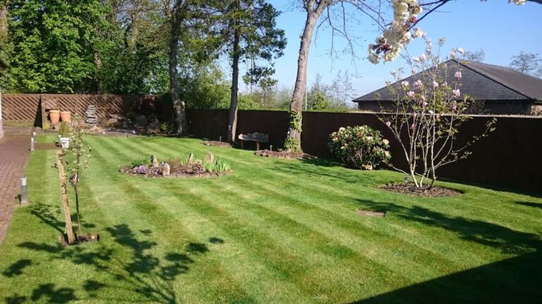 view across a manicured garden with striped lawn
